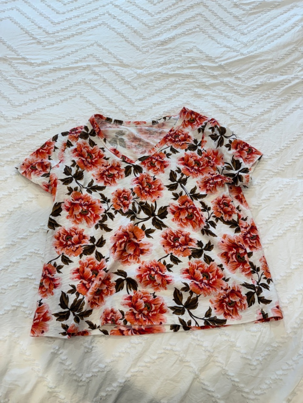 Floral V-Neck Women's Top in White with Orange-Pink Blooms